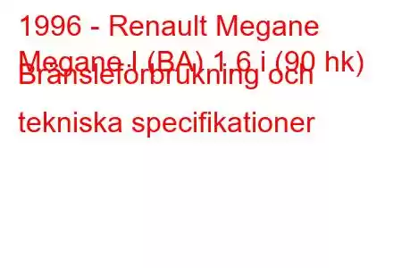 1996 - Renault Megane
Megane I (BA) 1,6 i (90 hk) Bränsleförbrukning och tekniska specifikationer