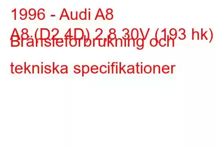 1996 - Audi A8
A8 (D2,4D) 2,8 30V (193 hk) Bränsleförbrukning och tekniska specifikationer