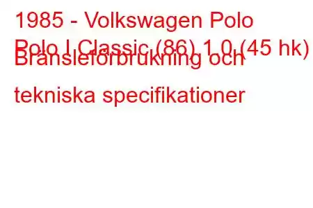 1985 - Volkswagen Polo
Polo I Classic (86) 1.0 (45 hk) Bränsleförbrukning och tekniska specifikationer