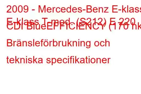 2009 - Mercedes-Benz E-klass
E-klass T-mod. (S212) E 220 CDI BlueEFFICIENCY (170 hk) Bränsleförbrukning och tekniska specifikationer