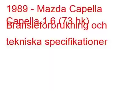 1989 - Mazda Capella
Capella 1,6 (73 hk) Bränsleförbrukning och tekniska specifikationer