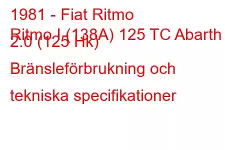 1981 - Fiat Ritmo
Ritmo I (138A) 125 TC Abarth 2.0 (125 Hk) Bränsleförbrukning och tekniska specifikationer