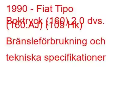 1990 - Fiat Tipo
Boktryck (160) 2.0 dvs. (160.AJ) (109 Hk) Bränsleförbrukning och tekniska specifikationer