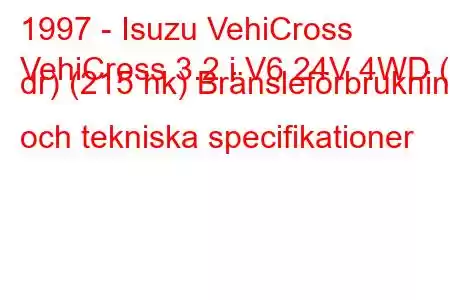 1997 - Isuzu VehiCross
VehiCross 3.2 i V6 24V 4WD (3 dr) (215 hk) Bränsleförbrukning och tekniska specifikationer