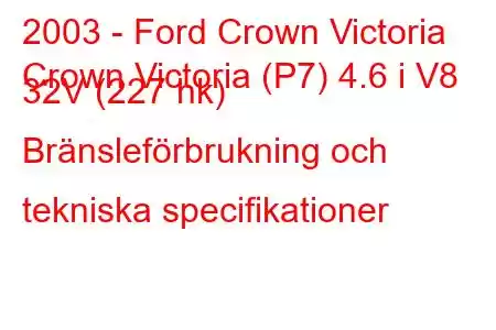 2003 - Ford Crown Victoria
Crown Victoria (P7) 4.6 i V8 32V (227 hk) Bränsleförbrukning och tekniska specifikationer