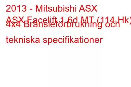 2013 - Mitsubishi ASX
ASX Facelift 1.6d MT (114 Hk) 4x4 Bränsleförbrukning och tekniska specifikationer