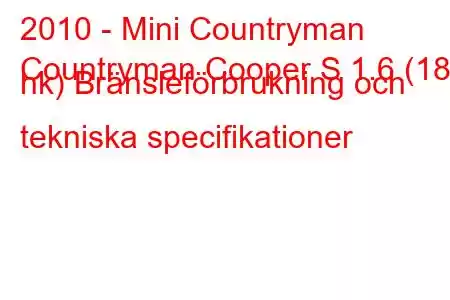 2010 - Mini Countryman
Countryman Cooper S 1.6 (184 hk) Bränsleförbrukning och tekniska specifikationer