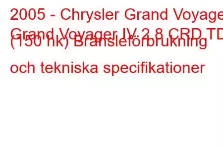 2005 - Chrysler Grand Voyager
Grand Voyager IV 2.8 CRD TD (150 hk) Bränsleförbrukning och tekniska specifikationer