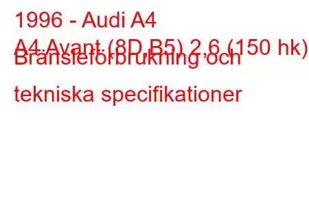 1996 - Audi A4
A4 Avant (8D,B5) 2,6 (150 hk) Bränsleförbrukning och tekniska specifikationer