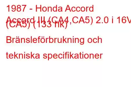 1987 - Honda Accord
Accord III (CA4,CA5) 2.0 i 16V (CA5) (133 hk) Bränsleförbrukning och tekniska specifikationer