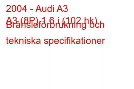 2004 - Audi A3
A3 (8P) 1,6 i (102 hk) Bränsleförbrukning och tekniska specifikationer