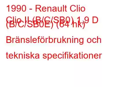 1990 - Renault Clio
Clio II (B/C/SB0) 1,9 D (B/C/SB0E) (64 hk) Bränsleförbrukning och tekniska specifikationer