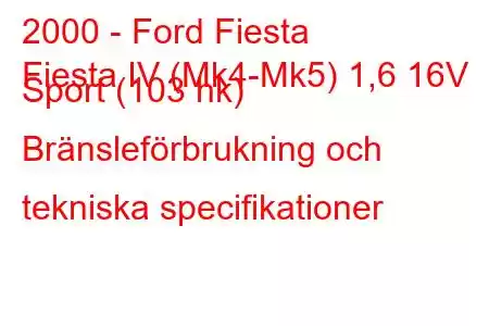 2000 - Ford Fiesta
Fiesta IV (Mk4-Mk5) 1,6 16V Sport (103 hk) Bränsleförbrukning och tekniska specifikationer