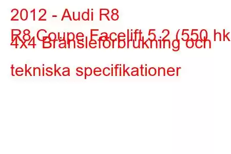 2012 - Audi R8
R8 Coupe Facelift 5.2 (550 hk) 4x4 Bränsleförbrukning och tekniska specifikationer