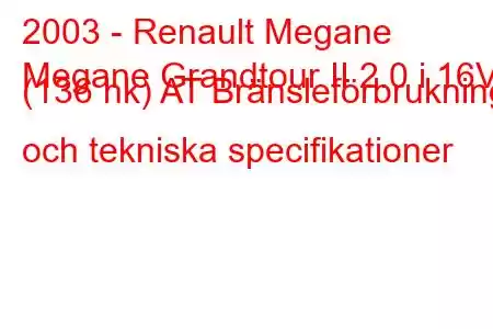 2003 - Renault Megane
Megane Grandtour II 2.0 i 16V (136 hk) AT Bränsleförbrukning och tekniska specifikationer