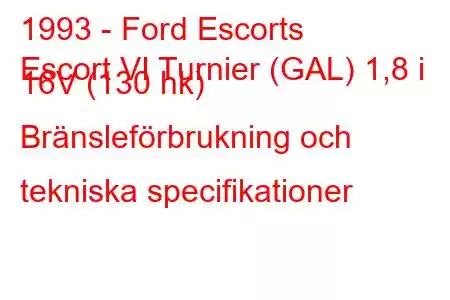 1993 - Ford Escorts
Escort VI Turnier (GAL) 1,8 i 16V (130 hk) Bränsleförbrukning och tekniska specifikationer