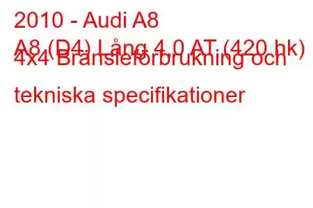 2010 - Audi A8
A8 (D4) Lång 4,0 AT (420 hk) 4x4 Bränsleförbrukning och tekniska specifikationer