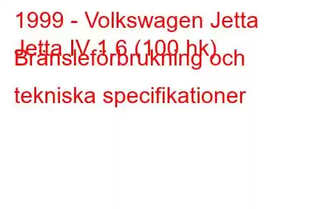 1999 - Volkswagen Jetta
Jetta IV 1.6 (100 hk) Bränsleförbrukning och tekniska specifikationer