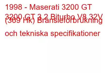 1998 - Maserati 3200 GT
3200 GT 3.2 Biturbo V8 32V (369 Hk) Bränsleförbrukning och tekniska specifikationer