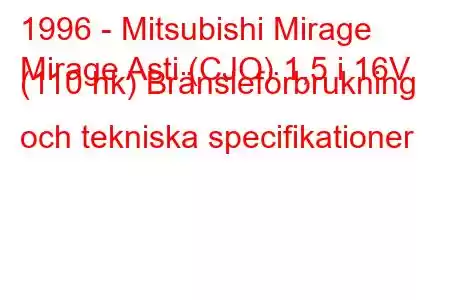 1996 - Mitsubishi Mirage
Mirage Asti (CJO) 1,5 i 16V (110 hk) Bränsleförbrukning och tekniska specifikationer