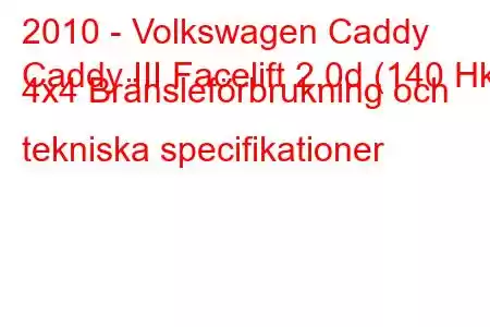 2010 - Volkswagen Caddy
Caddy III Facelift 2.0d (140 Hk) 4x4 Bränsleförbrukning och tekniska specifikationer