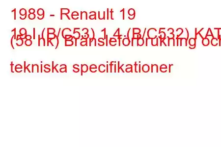 1989 - Renault 19
19 I (B/C53) 1,4 (B/C532) KAT (58 hk) Bränsleförbrukning och tekniska specifikationer