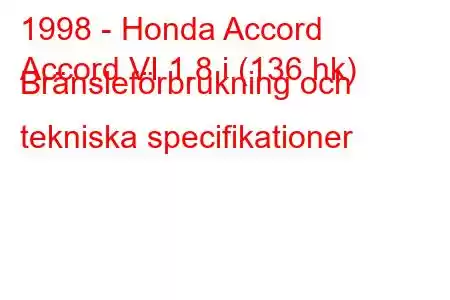 1998 - Honda Accord
Accord VI 1.8 i (136 hk) Bränsleförbrukning och tekniska specifikationer