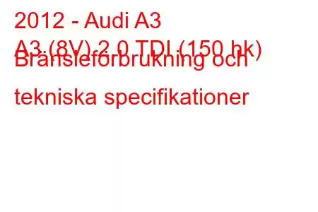 2012 - Audi A3
A3 (8V) 2.0 TDI (150 hk) Bränsleförbrukning och tekniska specifikationer