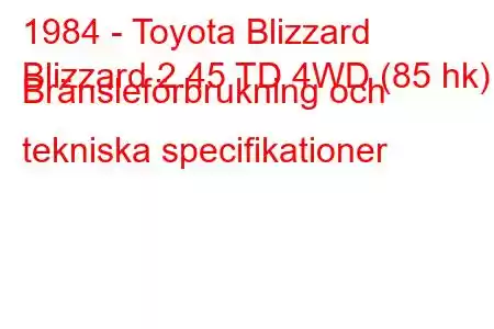 1984 - Toyota Blizzard
Blizzard 2.45 TD 4WD (85 hk) Bränsleförbrukning och tekniska specifikationer