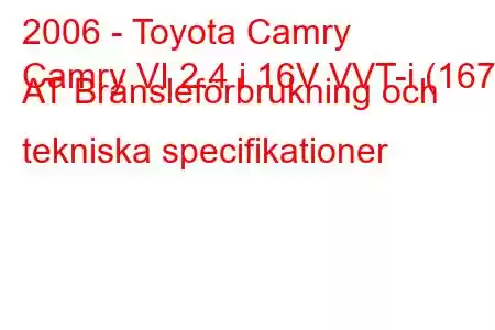 2006 - Toyota Camry
Camry VI 2.4 i 16V VVT-i (167) AT Bränsleförbrukning och tekniska specifikationer