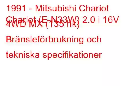 1991 - Mitsubishi Chariot
Chariot (E-N33W) 2.0 i 16V 4WD MX (135 hk) Bränsleförbrukning och tekniska specifikationer