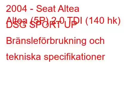 2004 - Seat Altea
Altea (5P) 2.0 TDI (140 hk) DSG SPORT UP Bränsleförbrukning och tekniska specifikationer