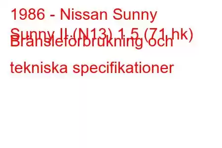 1986 - Nissan Sunny
Sunny II (N13) 1,5 (71 hk) Bränsleförbrukning och tekniska specifikationer