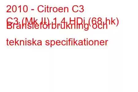 2010 - Citroen C3
C3 (Mk II) 1,4 HDi (68 hk) Bränsleförbrukning och tekniska specifikationer