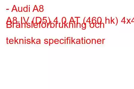 - Audi A8
A8 IV (D5) 4.0 AT (460 hk) 4x4 Bränsleförbrukning och tekniska specifikationer