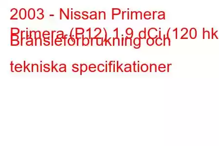 2003 - Nissan Primera
Primera (P12) 1,9 dCi (120 hk) Bränsleförbrukning och tekniska specifikationer