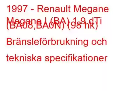 1997 - Renault Megane
Megane I (BA) 1,9 dTi (BA08,BA0N) (98 hk) Bränsleförbrukning och tekniska specifikationer