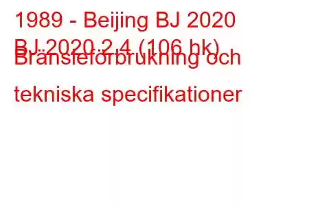 1989 - Beijing BJ 2020
BJ 2020 2.4 (106 hk) Bränsleförbrukning och tekniska specifikationer