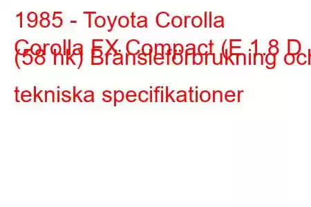 1985 - Toyota Corolla
Corolla FX Compact (E 1.8 D (58 hk) Bränsleförbrukning och tekniska specifikationer