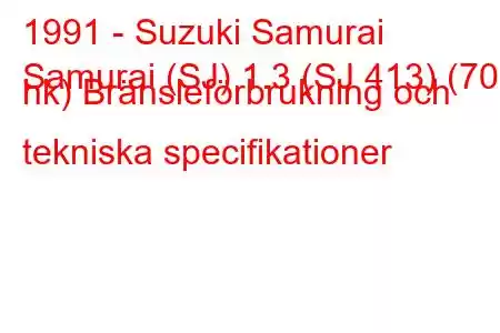 1991 - Suzuki Samurai
Samurai (SJ) 1.3 (SJ 413) (70 hk) Bränsleförbrukning och tekniska specifikationer