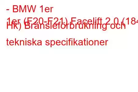 - BMW 1er
1er (F20-F21) Facelift 2.0 (184 Hk) Bränsleförbrukning och tekniska specifikationer