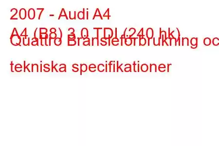 2007 - Audi A4
A4 (B8) 3.0 TDI (240 hk) Quattro Bränsleförbrukning och tekniska specifikationer