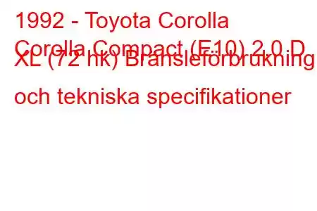 1992 - Toyota Corolla
Corolla Compact (E10) 2.0 D XL (72 hk) Bränsleförbrukning och tekniska specifikationer