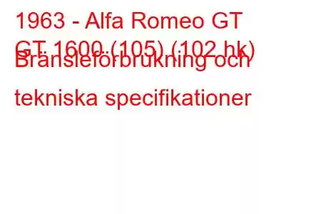 1963 - Alfa Romeo GT
GT 1600 (105) (102 hk) Bränsleförbrukning och tekniska specifikationer