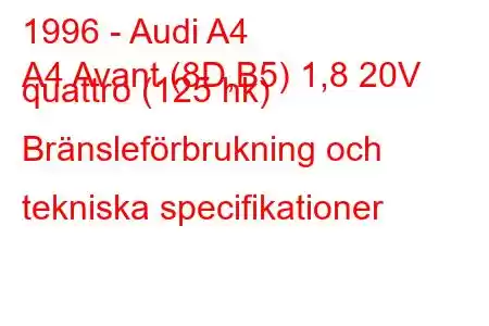 1996 - Audi A4
A4 Avant (8D,B5) 1,8 20V quattro (125 hk) Bränsleförbrukning och tekniska specifikationer