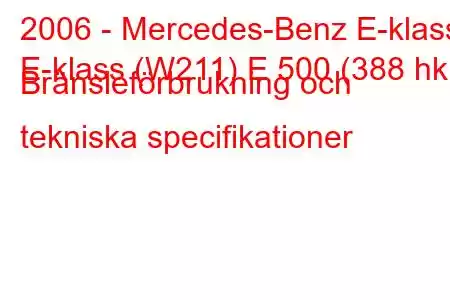 2006 - Mercedes-Benz E-klass
E-klass (W211) E 500 (388 hk) Bränsleförbrukning och tekniska specifikationer