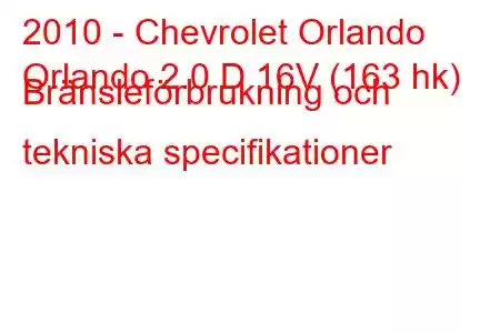 2010 - Chevrolet Orlando
Orlando 2.0 D 16V (163 hk) Bränsleförbrukning och tekniska specifikationer