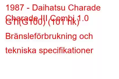 1987 - Daihatsu Charade
Charade III Combi 1.0 GTi(G100) (101 hk) Bränsleförbrukning och tekniska specifikationer