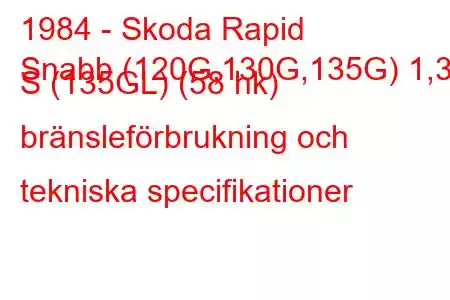 1984 - Skoda Rapid
Snabb (120G,130G,135G) 1,3 S (135GL) (58 hk) bränsleförbrukning och tekniska specifikationer