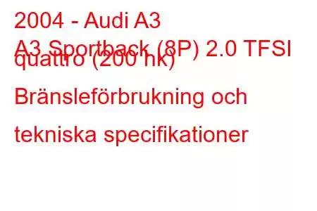 2004 - Audi A3
A3 Sportback (8P) 2.0 TFSI quattro (200 hk) Bränsleförbrukning och tekniska specifikationer